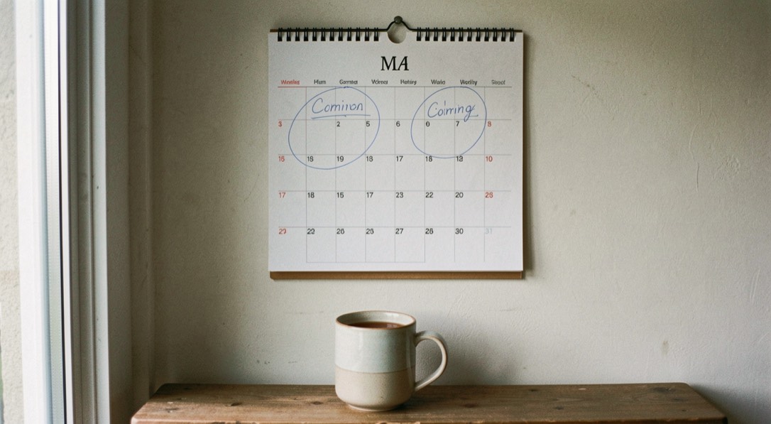 A wall calendar turned to October beside a handwritten list of quarterly chores in pencil, a jumper draped over a chair, warm window light, framed close and level
