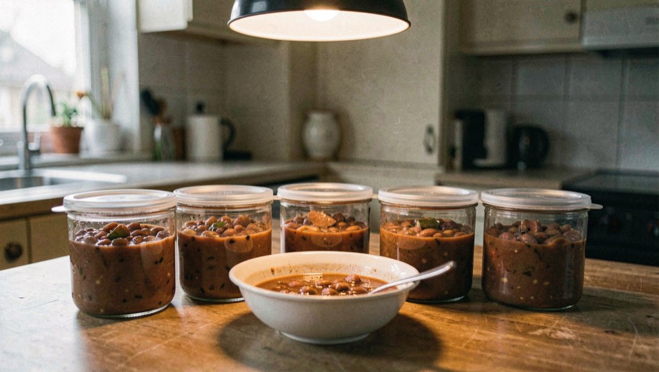 A kitchen counter in low morning light, a flour-dusted bowl of risen no-knead dough beside a cooling loaf on a wooden board, a hand-held scale and a jar of breadcrumbs at the edge of the frame, shot from slightly above at arm's length.