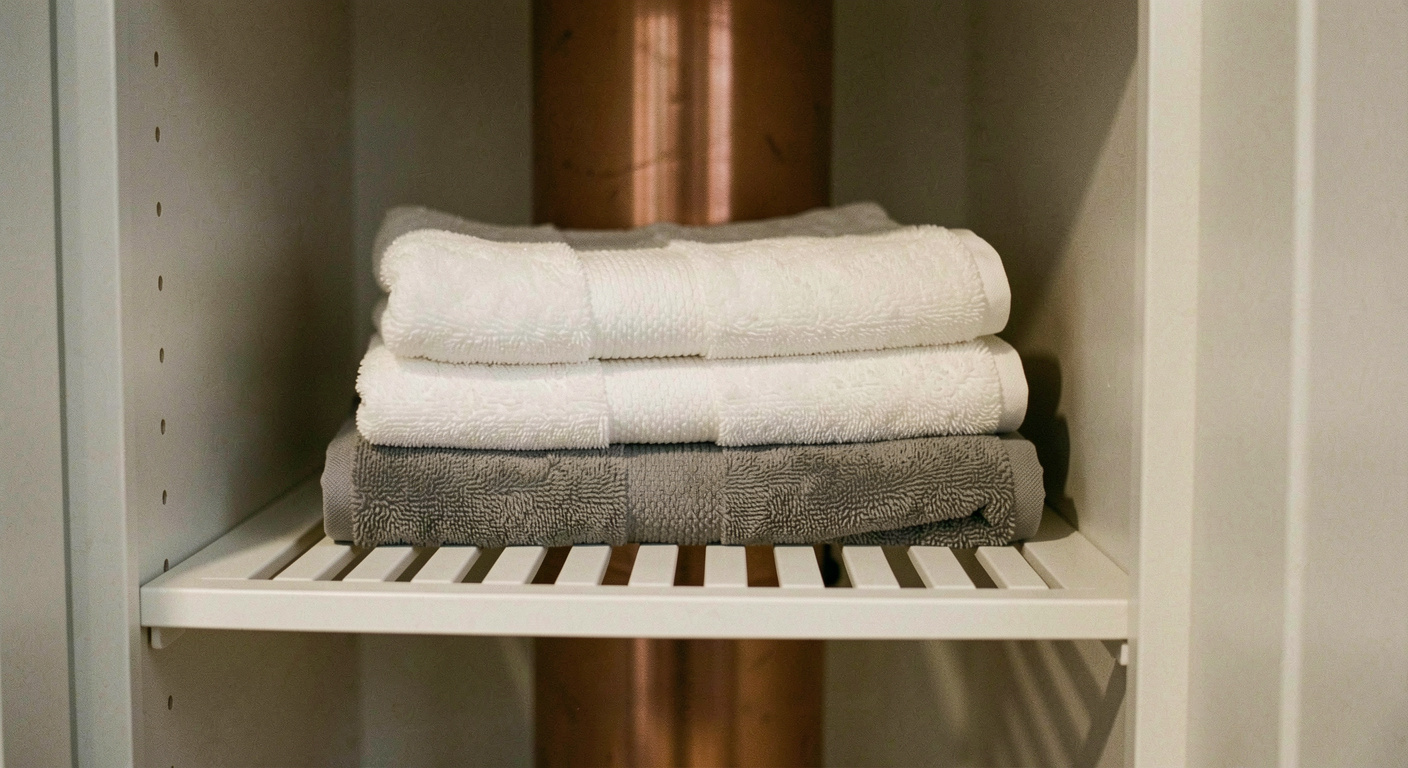 A stack of folded white and grey bath towels on the slatted shelf of an airing cupboard, the copper cylinder visible behind, warm dim light from the landing, framed straight on