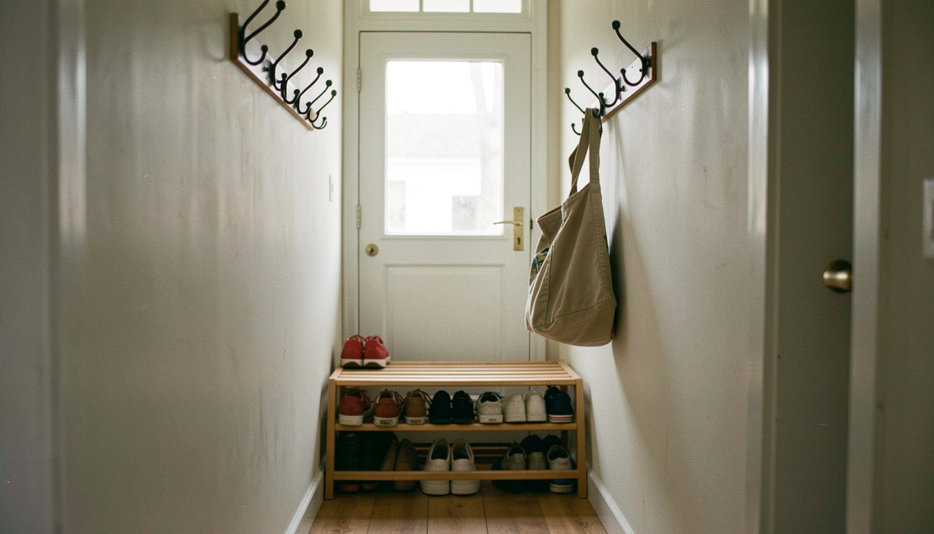 A narrow hallway with a row of iron coat hooks, one canvas bag hanging, a low wooden shoe rack underneath, daylight from the front door glass, straight on framing