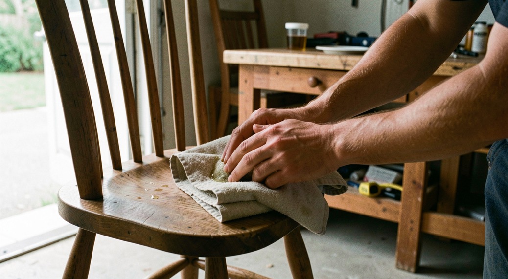Two hands rubbing oil into the joint of a wooden kitchen chair with a folded cloth, workbench in a garage, soft daylight from an open door, close crop on the hands and the joint