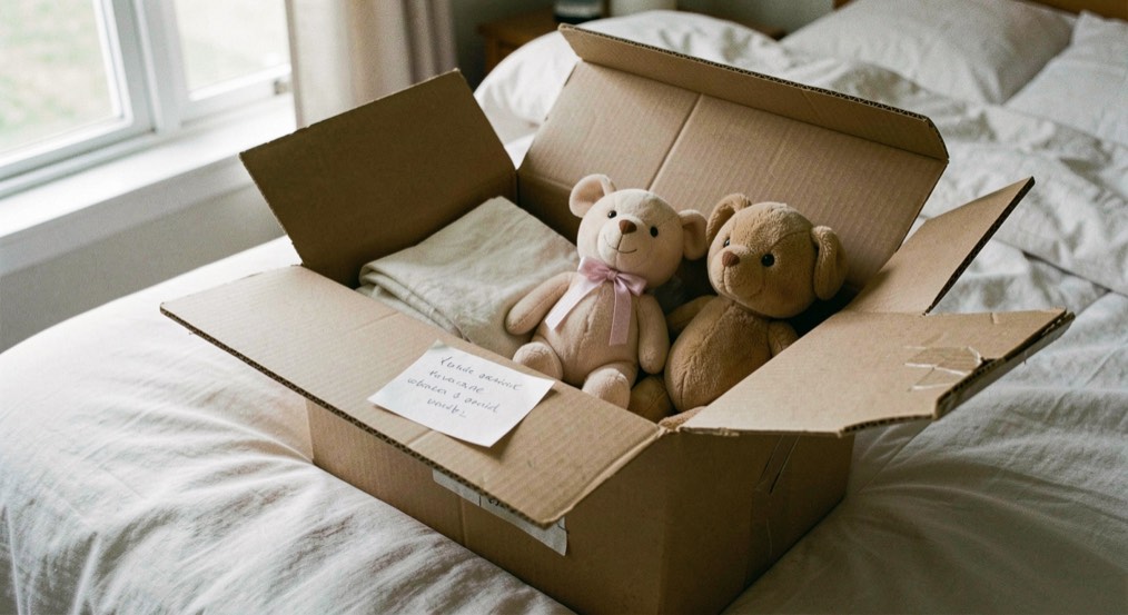 An open cardboard box on a bed holding folded cotton fabric and two clean soft toys, a handwritten paper label taped to the side, afternoon light from a bedroom window, photographed from above at a slight angle