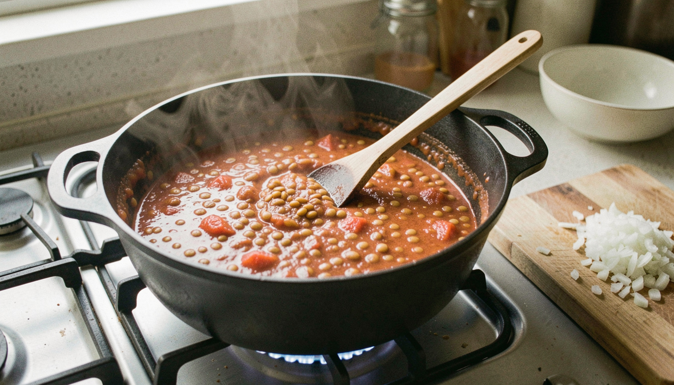 A wide cast iron pot of thick lentil and tomato base simmering on a gas hob with a wooden spoon resting in it, chopped onions on a board beside, warm kitchen light from above, shot from slightly above the pot