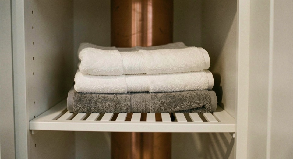 A grooming corner in a utility room with a brush, a comb and a folded towel on a low wooden bench beside a dog bed, morning light through a small window, photographed straight on