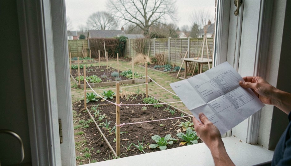 A small garden bed marked out with string and pegs in a bare winter vegetable patch seen from a kitchen doorway, a folded paper plan held in one hand, cool overcast light, photographed from the door threshold