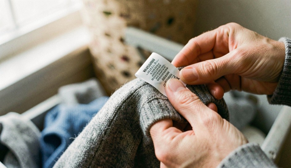 Two hands turning back the inside seam of a pair of raw denim jeans to show a small woven label, a laundry basket behind, soft window light, close framing
