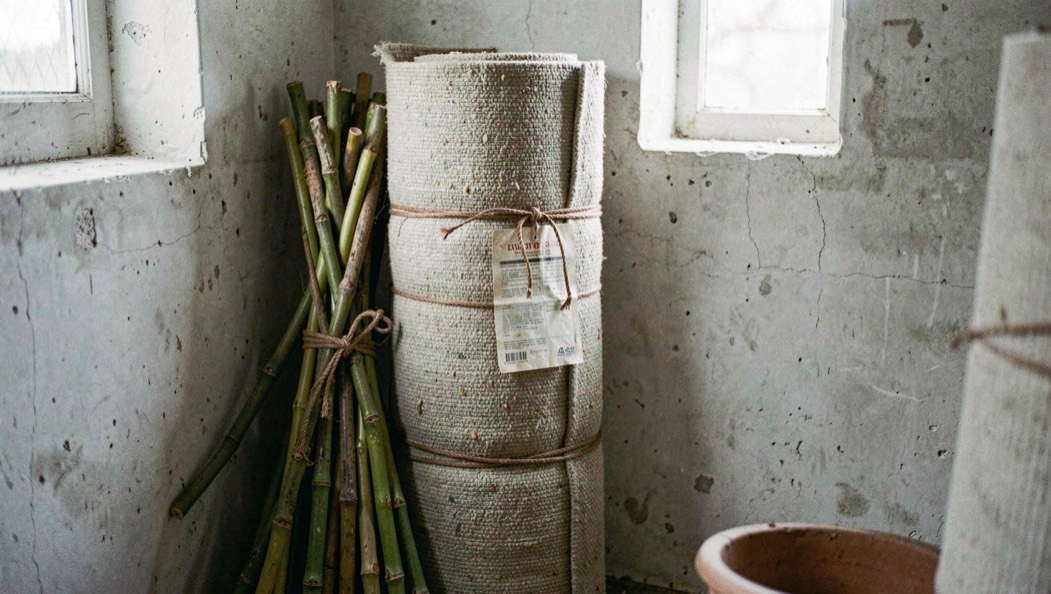 A rolled rug tied with brown cord in three places standing upright in the corner of a storeroom beside a bundle of garden canes, a paper label on the tie, cool daylight from a small window, photographed straight on