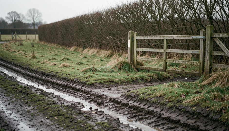 A rough grass field edge with a wooden five-bar gate and dark wheel ruts in wet mud beside it, a bare hedge behind, low grey winter light, photographed level from the track