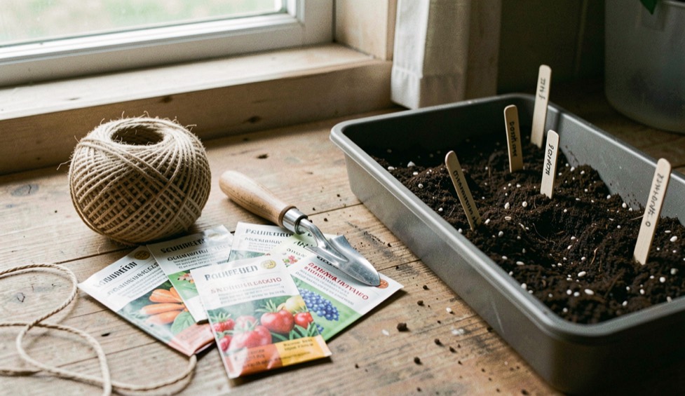 Seed packets, a ball of twine and a small trowel laid on a wooden potting bench beside a tray of compost with pencil labels, soft daylight from a shed window, photographed level from the front
