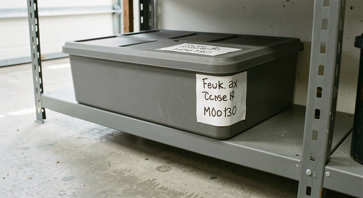A grey lidded storage box on a garage shelf with a white label on the end and another on the lid, both written in black marker with contents and a month, concrete floor below, bright even garage light, shot from the corner so both labels are visible