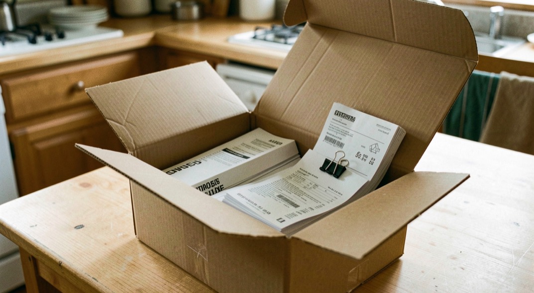 A desk drawer open on a folder holding a folded paper map, a printed booking confirmation and a small ruled notebook, lamp light from the left, photographed from above