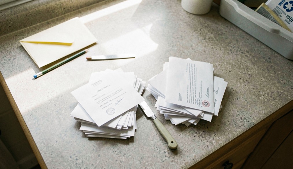 A kitchen table in daylight, a cardboard folder open beside a stack of payslips and a bank letter, a pen resting on the top sheet, shot from slightly above at an angle.