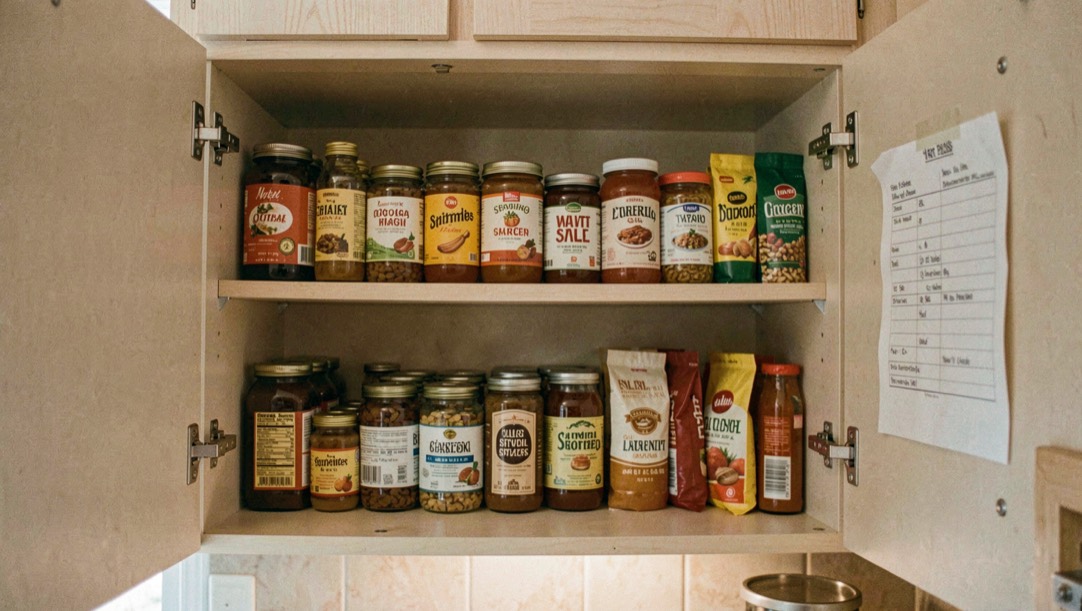 An open wall cabinet with labelled shelves of medicine boxes and a small plastic basket, folded leaflets tucked into the boxes, flat daylight, photographed straight on at eye level