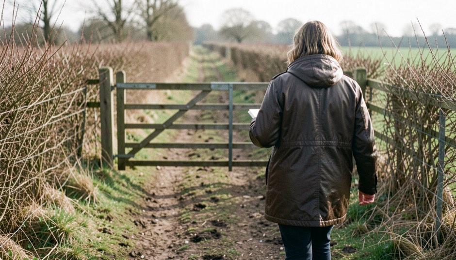 A person in a waxed jacket walking a rough field boundary with a small notebook in hand, seen from behind, a wooden gate and bare hedge ahead, soft spring morning light, photographed from a few steps back