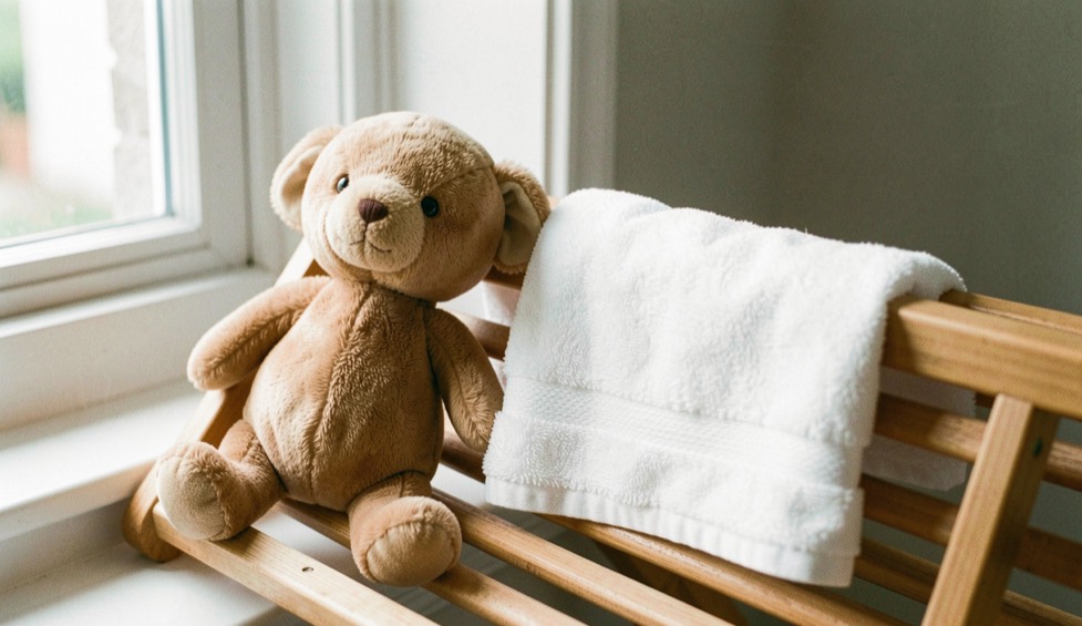 Two freshly washed soft toys drying on a slatted wooden airer beside a bright window, one leaning against a folded white towel, soft daylight, photographed at airer height from the side