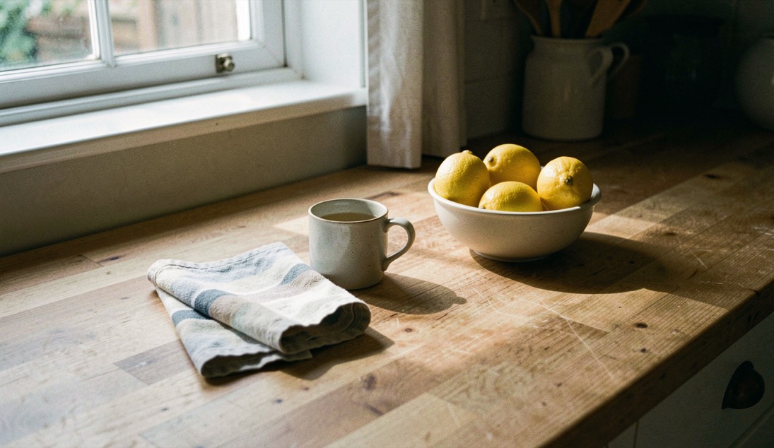 A long wooden kitchen table laid for eight in late afternoon light, warm plates stacked at one end, a water jug and a tray of serving spoons on a sideboard behind, chairs pushed in, no people in frame.