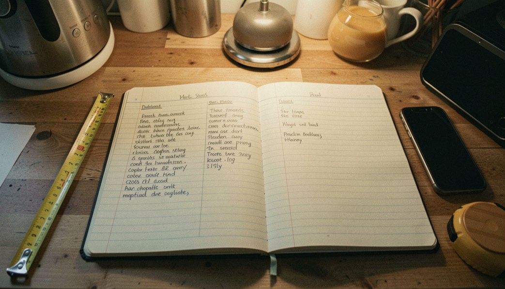 A kitchen table in daylight with an energy bill, a notebook of weekly meter readings, and a plug-in power meter resting beside a kettle, shot from slightly above at an angle.